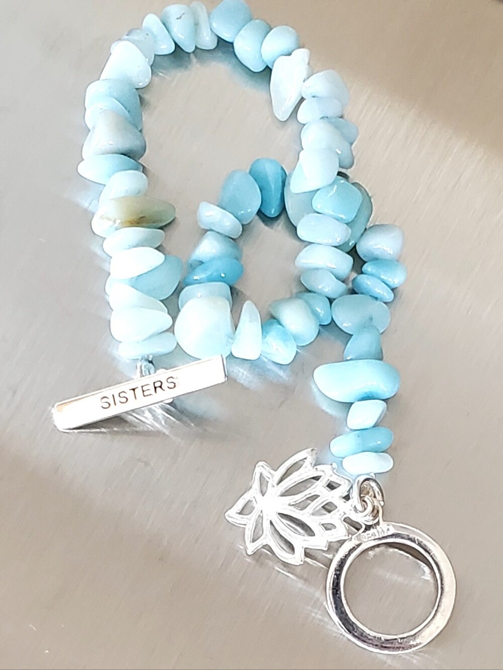 Larimar Stone Chip 925 Silver "SISTERS" Toggle Bracelet, 7.5" Stretchy, EUC